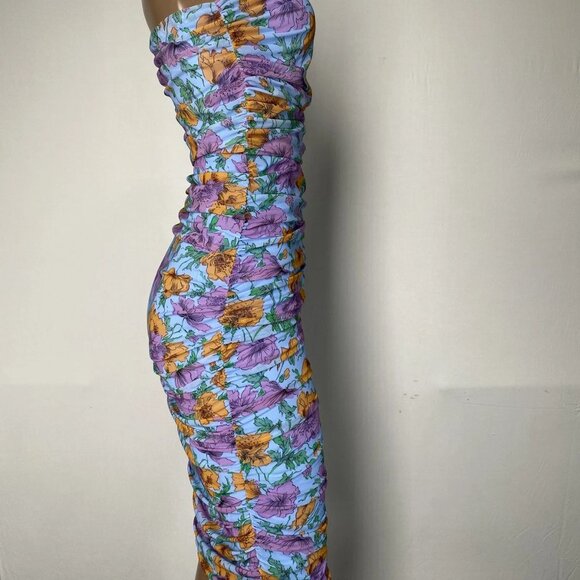 Veronica Beard Floral Ruched Strapless Midi Dress • Size 0 • Blue - Picture 4 of 8